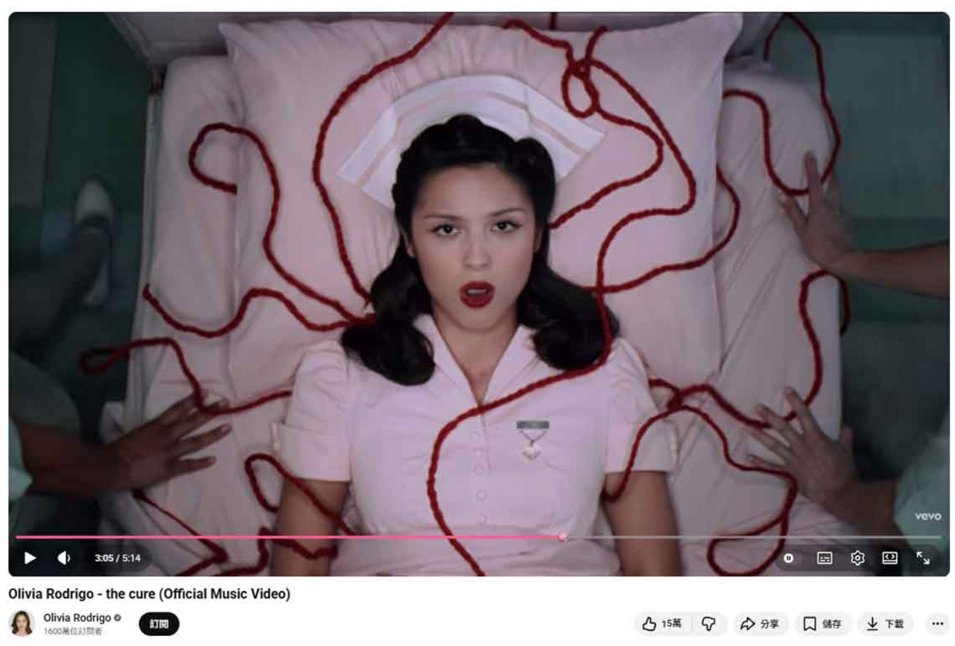 YouTube的播放進度條變成粉紅色並出現針線圖示呼應MV劇情(翻攝自YouTube)